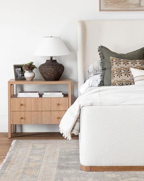 White Fabric Bed Frame Master Bedrooms, Guest Bedroom With Upholstered Bed, Ivory King Bed, Beige Fabric Bed Frame, Wood Bed Frame With Upholstered Headboard, Bed With Beige Headboard, White Upholstered Bed With Wood Nightstands, King Bed With Footboard, Oatmeal Bedding Master Bedrooms