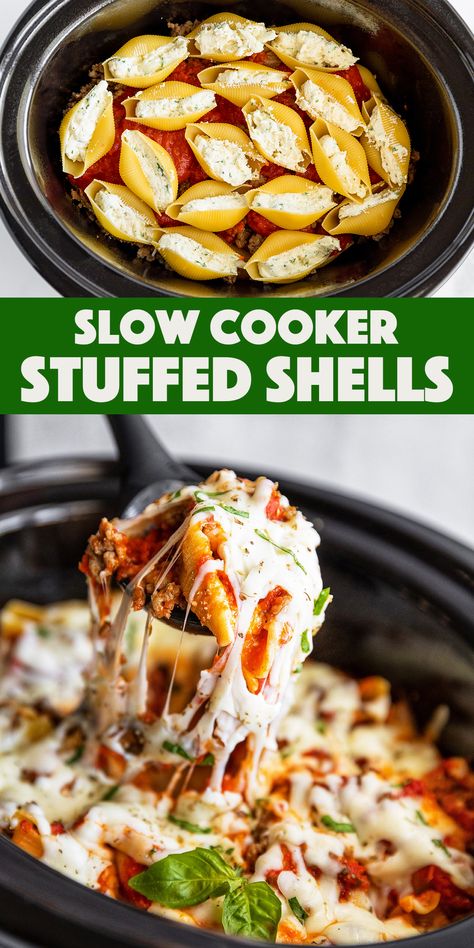 Slow Cooker Stuffed Shells, Stuffed Shells With Meat, Easy Crockpot Dinners, Slow Cooker Pasta, Slow Cooker Dinner, Crockpot Dishes, Crockpot Recipes Slow Cooker, Dinner Recipes Crockpot, Crock Pot Cooking