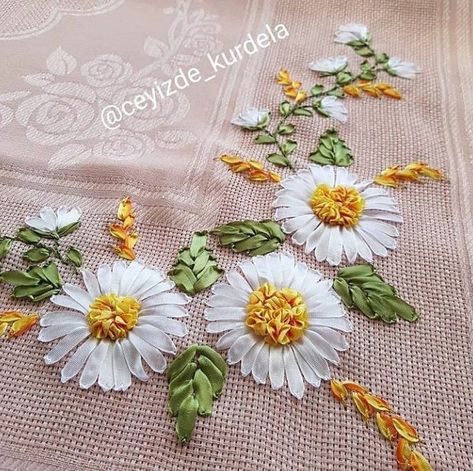 Lovely ribbon Embriodery on Fabric #ribbonembroidery Ribbon Embroidery Designs, Embroidery On Fabric, Dress Design Ideas, Silk Ribbon Embroidery Tutorial, Embroidery Shirts, Sulaman Pita, Silk Ribbon Embroidery Patterns, Diy Lace Ribbon Flowers, Embroidery Stitches Beginner