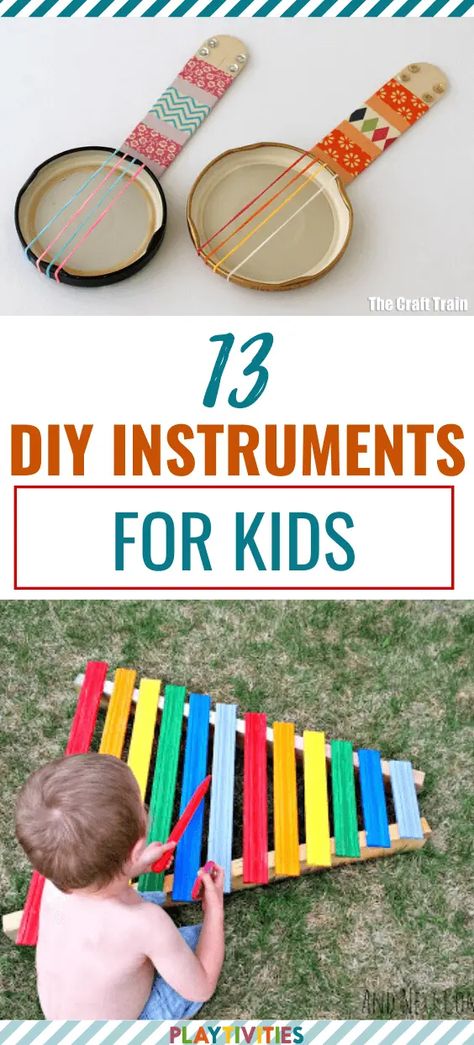 diy instruments Instrument Making For Preschool, Preschool Drum Craft, Home Made Music Instruments, Stem Musical Instruments For Kids, Create Your Own Musical Instrument, Wooden Instruments Diy, Diy Musical Instruments For Preschoolers, Craft Musical Instruments For Kids, Easy Diy Musical Instruments