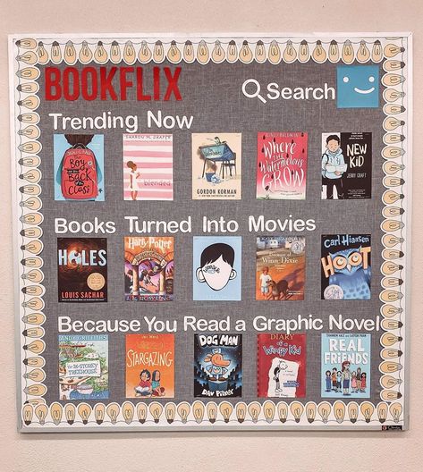 Movie Bulletin Boards, School Library Book Displays, Middle School Bulletin Boards, Book Bulletin Board, School Library Bulletin Boards, Leadership Ideas, Library Decorations, School Library Decor, 5th Grade Teacher