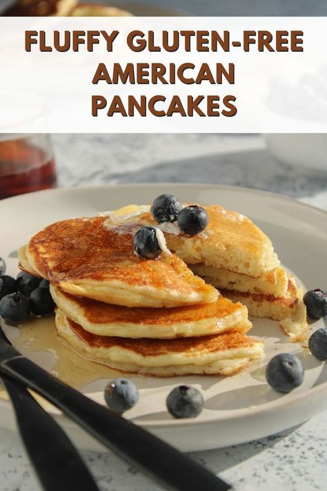 Gluten-free American Pancakes in a white plate with berries Gluten Free Pancake Mix Recipe, Gf Pancake Recipe, Gluten Free Dairy Free Pancakes, Gf Pancake, Gluten Free Pancakes Easy, Fluffy Gluten Free Pancakes, Gf Pancakes, Egg Free Pancakes, Gluten Free Pancake