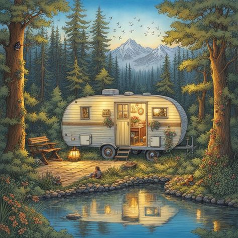 Caravan Art, Hallway Mural, Caravan Pictures, Van Drawing, Fairy Adventure, Autumn Prints, Feel Good Pictures, Camping Images, Camper Art