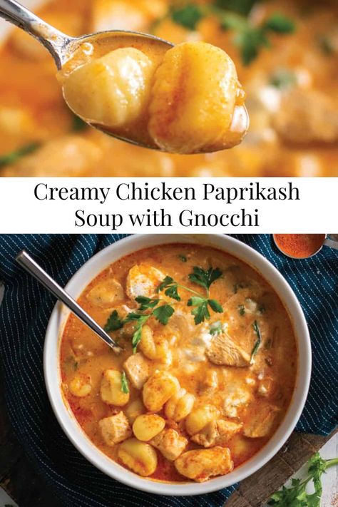 Looking for a new soup recipe? This Creamy Chicken Paprikash Soup with Gnocchi is such an easy recipe! #30MinuteMeals #ChickenRecipe #ChickenSoup #SoupIdeas #DinnerIdeas #Soups #EasyRecipe #DinnerRecipes Chicken Paprikash Soup Recipe, Chicken Paprikash Soup, Paprikash Soup, Chicken Paprikash With Dumplings, Soup With Gnocchi, Hungarian Chicken Paprikash, Chicken Paprikash, Roasted Red Pepper Soup, Chicken Soup Recipe