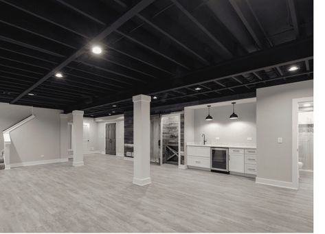 Basement Ceiling Black, Black Basement Ceiling, Basement Wall Colors, Finish Basement Ceiling, Exposed Basement Ceiling, Basement Ceiling Painted, Low Ceiling Basement, Basement Colors, Basement Painting