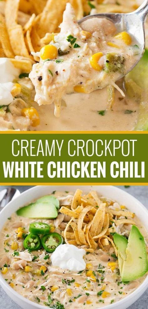 This creamy white chicken chili is made super easy in your crockpot! Creamy with plenty of spice, it's the perfect companion on a chilly night! Crockpot White Chicken Chili, Creamy White Chicken Chili, Soup Recipes Slow Cooker, 300 Calories, Crockpot Dishes, Easy Slow Cooker Recipes, White Chicken Chili, Think Food, White Chicken