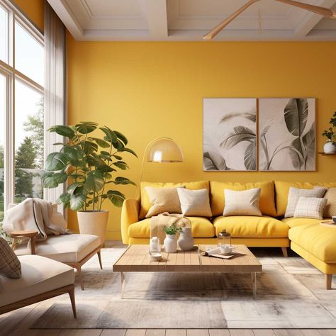 4+ Modern Yellow Living Room Designs for a Sunny Interior • 333+ Images • [ArtFacade] Yellow Office Decor, Yellow Living Room Ideas, Sunny Interior, Nature Abstract Art, Interior Design Yellow, Cheerful Home, Ruangan Studio, Built In Shelves Living Room, Nature Abstract