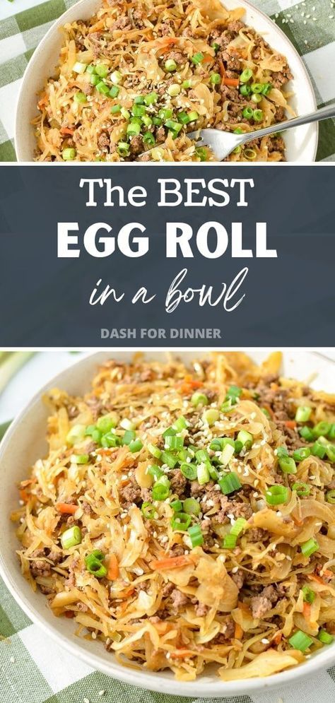 Whip up a healthy and delicious low carb dinner by creating an inside out egg roll with ground beef and a few simple ingredients. This egg roll in a bowl recipe is easy to make and is seasoned with garlic, ginger, and soy sauce for flavorful results. Whether you're keto, or simply looking to eat healthier, this dish is perfect for satisfying your cravings while packing lots of protein. Gluten free and dairy free. Easy Dinner Recipes Non Dairy, Weight Watchers Eggroll In A Bowl Recipe, Keto Dinner Recipes Asian, Egg Roll In A Bowl Weight Watchers, Dinner Ideas With Ground Beef Dairy Free, Fast Protein Dinner, Eggroll In A Bowl Keto, Egg Roll In A Bowl Sauce, Dairy Free Dinners For Family