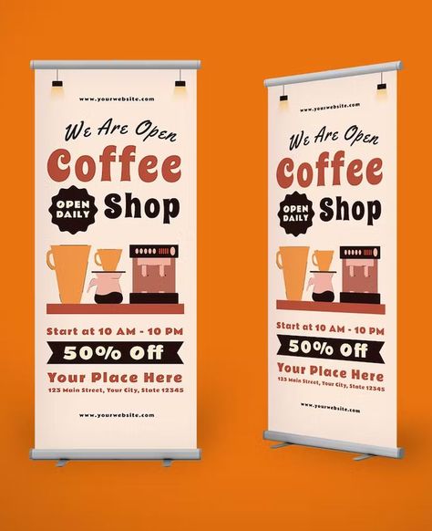 Grand Opening Coffee Shop Roll Up Banner Template AI, EPS, PSD Opening Coffee Shop, Grand Opening Banner, Shop Banner Design, Roll Banner, Roll Up Banner, Bakery Logo, Coffee Shop Design, Banner Template Design, Coffee Design