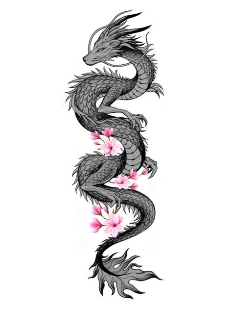 Snake Dragon Tattoos For Women, Dragon Down Spine Tattoo, Dragon Tattoo For Women On Shoulder, Woman’s Dragon Tattoo, Dragon And Flower Spine Tattoo, Floral Dragon Spine Tattoo, Dragon Tattoo Designs For Women Cherry Blossoms, Long Dragon Tattoo Design, Dragon Tattoos Black Women