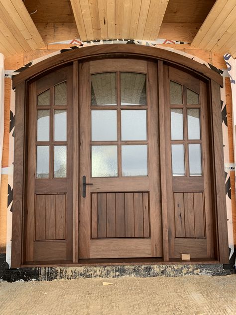 9ft custom semi arch door in medieval walnut with double sidelight Fromt Doors, Front Door Sidelights, Reclaimed Wood Door, Arched Front Door, Entry Door With Sidelights, Front Entry Door, Arch Door, Double Door Entrance, Rustic Front Door