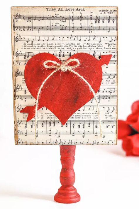 DIY Love Song Valentine Display | Hometalk Music Themed Valentines, Valentine Display, Diy Valentines Day Wreath, Old Fashioned Love, Classic Love, Diy Display, Valentines Sign, Antique Wax, Wooden Candle Sticks