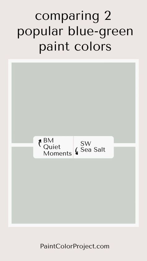 Read our Quiet Moments vs Sea Salt paint color comparison to find the perfect green-blue-gray paint color for your home. Light Blue Green Gray Paint Colors, Bm Quiet Moments Paint, Blue Green Gray Paint Colors, Magnolia Paint Colors Joanna Gaines, Bm Quiet Moments, Sea Salt Paint Color, Grey Painted Rooms, Hall Paint Colors, Hall Paint