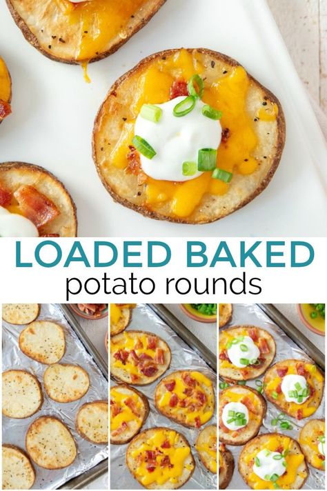 Loaded Potato Bites Appetizers, Baked Potato Rounds, Easy Loaded Baked Potato, Potato Skin Bites, Potato Skins Appetizer, Tornado Potato, Potato Rounds, Tasty Appetizers, Potato Appetizers