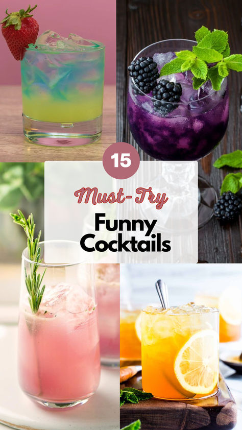 Funny Cocktails Funny Mixed Drinks, Easy Cute Cocktail Recipes, Crazy Drinks Alcohol, Fun Signature Cocktails, Teacher Cocktail Ideas, Specialty Cocktails Parties, Fun Drink Ideas Alcohol, Fun Simple Cocktails, Poker Night Cocktails