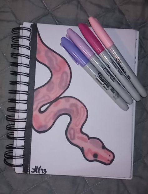 Oil Marker Drawings, Simple Notebook Drawings, Pink Snake Drawing, What To Color With Markers, Sharpie Doodle Ideas, What To Draw With Paint Markers, Drawing Ideas Snake Easy, Cute Simple Marker Drawings, Aesthetic Drawings With Markers