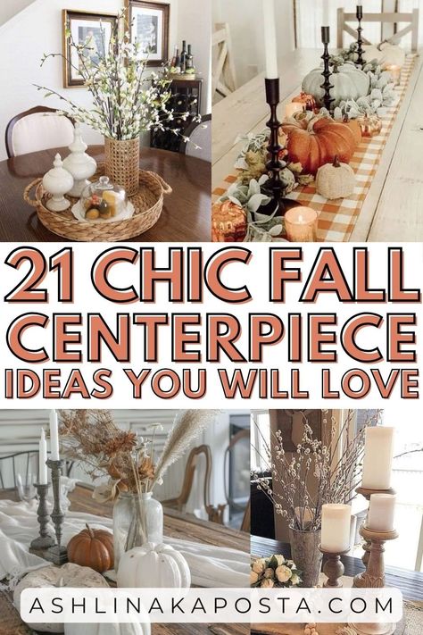 21 gorgeous fall centerpiece ideas to brighten up your dining table — ASHLINA KAPOSTA Fall Farmhouse Table Setting, Breakfast Table Fall Decor, Fall Table Arrangement Ideas, Fall Table Centerpieces Round, Pumpkin Table Display, Natural Wood Centerpieces, Fall Decor Ideas For Table, Fall Farmhouse Table Centerpieces, Fall Greenery Table Decor