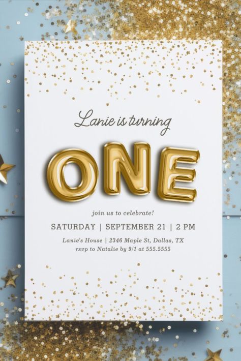 Gold Glitter Foil Balloon 1st Birthday Invitation
Invite friends and family to your little one's 1st birthday party with this gold glitter and foil balloon birthday invitation! #birthday #happybirthday #birthdaycards #birthdayparty #firstbirthday #turningone #elegant Gold First Birthday Party, White And Gold 1st Birthday Party, Golden 1st Birthday, Golden 1st Birthday Girl, Golden Birthday Invitations, White And Gold Birthday Invitations, Gold First Birthday, Golden Birthday, Gold Birthday