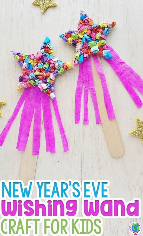 This New Years Eve craft for kids is a fun way to ring in the new year with your preschooler! Work on fine motor skills with a simple paper craft for new Years #newyearwithkids #newyearscraft #craftswithkids #craftingwithkids #kidcrafts #wishingwand #lifeovercs News Years Crafts For Kids, New Year's Eve Crafts, Kids New Years Eve, New Year's Eve Activities, Wishing Star, January Crafts, Kraf Kertas, December Crafts, New Year Art