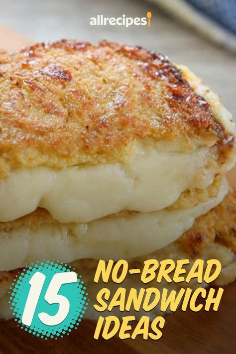 15 No-Bread Sandwiches That'll Wow Your Taste Buds | "Whether you're going low carb or no carb, you can still get your sandwich fix with these top-rated no-bread sandwich recipes. These creative breadless alternatives still hit the sandwich spot! They just do the sandwiching with eggplant slices, plantains, mushroom caps, and cauliflower instead of slices of bread. So even if you're on a strict gluten-free diet, you can still sandwich on!" #lunchrecipes #lunchinspo #lunchinspiration #lunchideas Sandwich Bread Alternatives, Bread Alternative Breakfast, No Bread Hamburger Ideas, Instead Of Bread What To Eat, No Bread No Pasta Meals, Gf Sandwich Ideas, Lunch Without Bread, Meals Without Bread, No Carb Sandwich Ideas