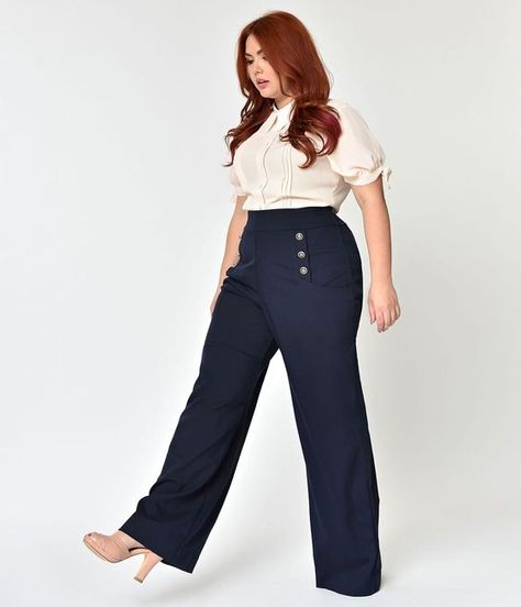 Unique Vintage Plus Size 1940s Style Midnight Blue High Waist Sailor Ginger Pants Plus Size Business, Vintage Plus Size, 1940s Style, Sailor Fashion, Neue Outfits, Summer Work Outfits, Plus Size Fashion For Women, 1940s Fashion, Office Attire