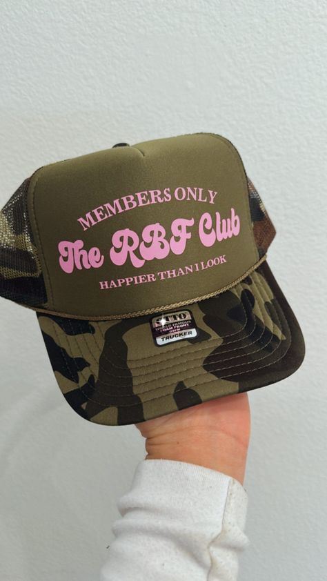 rbf club trucker hat Casual Trucker Hat Outfit, Outfits To Wear With A Baseball Hat, Unhinged Trucker Hat Ideas, Trucker Hat Style, Vinyl Trucker Hats, Women’s Trucker Hats, Trucker Hat Designs Ideas, Trucker Hat Sayings, Cricut Hat Ideas