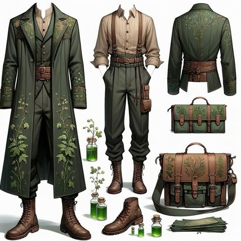 Men Styles Aesthetic, Mens Druid Costume, Steampunk Outfit Drawing Male, Clothing Designs Sketches, Artificer Aesthetic Outfit, Dnd Cosplay Men, Brown Green Outfit Men, Alchemist Outfit Male, Solarpunk Outfit Male