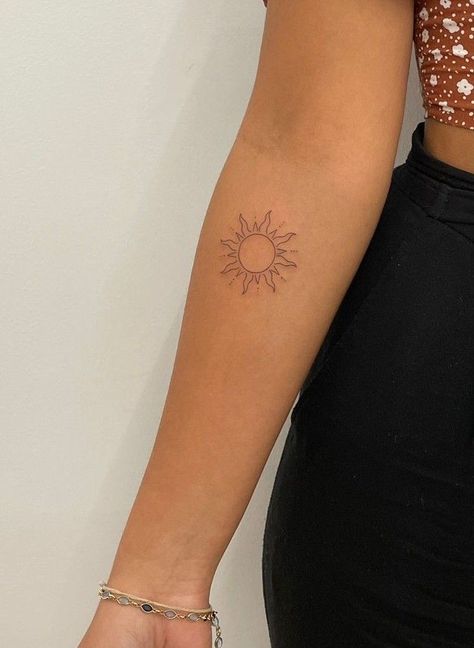 Sun On Forearm Tattoo, Sun Bicep Tattoo, Full Sun Tattoo, Dainty Sun Tattoos For Women, Unique Sun And Moon Tattoo Ideas, Delicate Sun Tattoo, Arm Sun Tattoo, Sun Tattoo Back Of Arm, Sun Inspired Tattoo