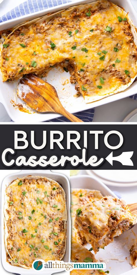 Burrito Casserole served in a casserole dish. serving of Burrito Casserole sitting on a wooden spatula Taco Bake With Flour Tortillas, Mexican Casserole Flour Tortillas, Recipes Using Flour Tortillas Meals, Ground Beef Enchilada Recipe Flour Tortillas, Tortilla Uses Dinners, Dinner Using Flour Tortillas, Baked Burrito Casserole Ground Beef, Burrito Lasagna With Tortillas, Southwestern Casserole Ground Beef