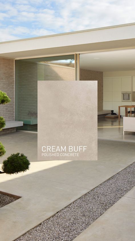 One of our most inviting Polished Concrete floor colours, Cream Buff allows you to create a genuinely relaxing atmosphere and helps to brighten up pretty much any space, especially if there’s lots of natural light available. / #architecture #interiordesign #homeideas Large Concrete Tile Floor, Beige Concrete Flooring, Sand Color Concrete Floor, Off White Concrete Floors, Concrete Floor Interior Design, Greige Concrete Floors, Smooth Concrete Floor, Matte Concrete Floors, Coloured Concrete Floor