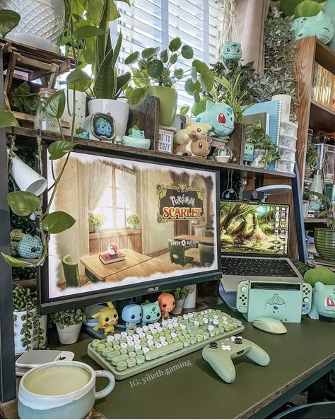 thius setup is so cute and cozy, to complete the setup i reccomend to buy this keyboard. it looks and function so well. #earth #cute #gamer #setup #gamergirl #gaming Solarpunk Home Decor, Forest Green Gaming Setup, Plant Computer Setup, Plant Themed Gaming Setup, Plant Gaming Room, Fairycore Gaming Setup, Green Gamer Setup, Whimsigoth Gaming Setup, Cottagecore Computer Setup