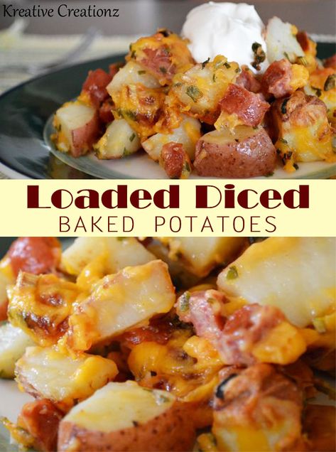 Loaded Diced Baked Potatoes are great to serve as tasty meal or side dish for your family. - The Kreative Life Loaded Baked Potato Salad Red Potatoes, Loaded Diced Potatoes, Diced Baked Potatoes In The Oven, Side Dish For Brats, Simply Potatoes Recipes Diced, Diced Potato Recipes, Potato Board, Pescatarian Meals, Baked Potato Recipe