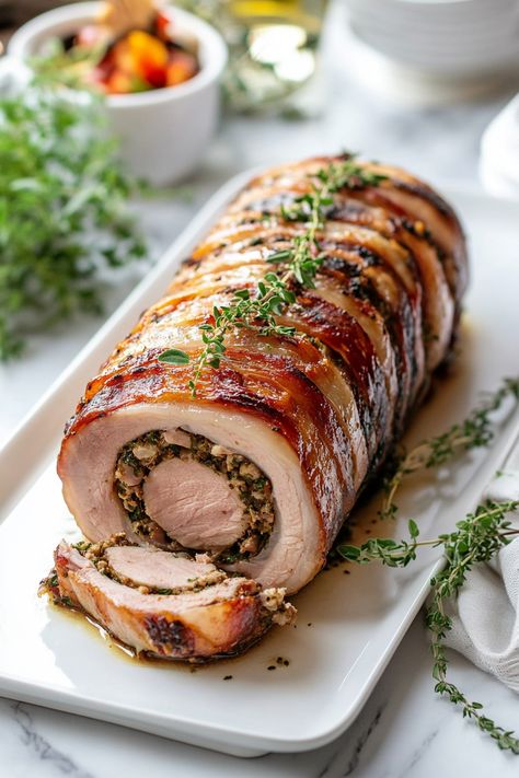 Delicious Christmas Stuffed Pork Roast Christmas Tenderloin Recipes, Roast Lamb Christmas Dinner, Pork Roulade Stuffing, Festive Christmas Dinner Ideas, Stuffed Roasted Pork Loin Oven, Christmas Pork Roast Recipes, Pork Tenderloin Thanksgiving, Holiday Pork Loin Christmas Dinners, Christmas Pulled Pork