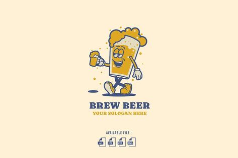 Brew Beer Retro Cartoon Logo Beer Vintage Illustration, Beer Cartoon Drawing, Retro Beer Logo, Beer Character, Craft Beer Logo, Beer Logo Design, Beer Drawing, Beer Quote, Beer Logos