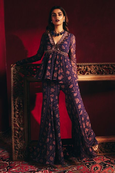 Shop for these amazing collections of Blue Chiffon And Net Print & Embroidery Dilke Peplum Tunic Sharara Set For Women by Ridhi Mehra online at Aza Fashions. Top Sharara Set, Diwali Dresses, Ridhi Mehra, Side Border, Trendy Outfits Indian, Diwali Outfits, Indian Outfits Lehenga, Traditional Indian Dress, Dress Book