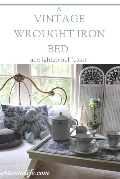 We happened upon an estate sale to find this wonderful bed. This beautiful wrought iron bed is perfect for our guest bedroom #adelightsomelife #guestbedroom #wroughtironbed #vintagefurniture #blueroom Small French Bedroom, White Iron Beds, French Country Decorating Ideas, Cast Iron Bed, Wall Garden Indoor, Garden Concrete, Wall Gardens, Wrought Iron Wine Rack, Country Decorating Ideas