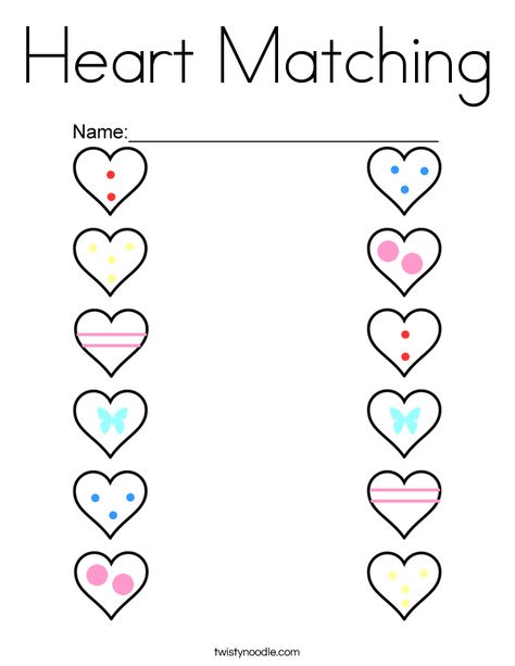 Heart Matching Coloring Page - Twisty Noodle Heart Worksheet Preschool, Valentines Day Activities For Kids, Heart Worksheet, Preschool Valentines Activities, Valentine Worksheets, February Lessons, Worksheet Preschool, Twisty Noodle, Preschool Planning