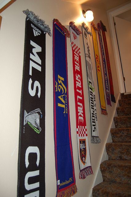 Scarf Racks, Soccer Bedroom, Scarf Wall, Game Room Ideas, Soccer Room, Soccer Decor, Football Bedroom, Soccer Scarf, Scarf Display