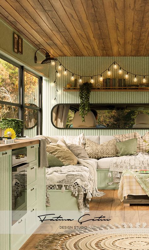 Campervan Green Interior, Tiny Caravan Ideas, Boho Caravan Interior Bohemian, Caravan Conversion Ideas, Caravan Aesthetic Inside, Caravan Makeover Boho, Cute Caravan Interior, Green Caravan Interior, Retro Van Interior