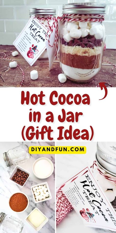 Hot Cocoa in a Jar, a simple and delicious holiday or Christmas gift idea featuring dry ingredients for making the best cocoa drink. Hot Chocolate Mason Jar Recipe, Hot Cocoa In A Jar, Cocoa In A Jar, Hot Cocoa Gift Ideas, Hot Cocoa Mix Gift, Christmas Hot Chocolate Gifts, Hot Chocolate In A Jar, Cocoa Station, Mason Jar Recipe