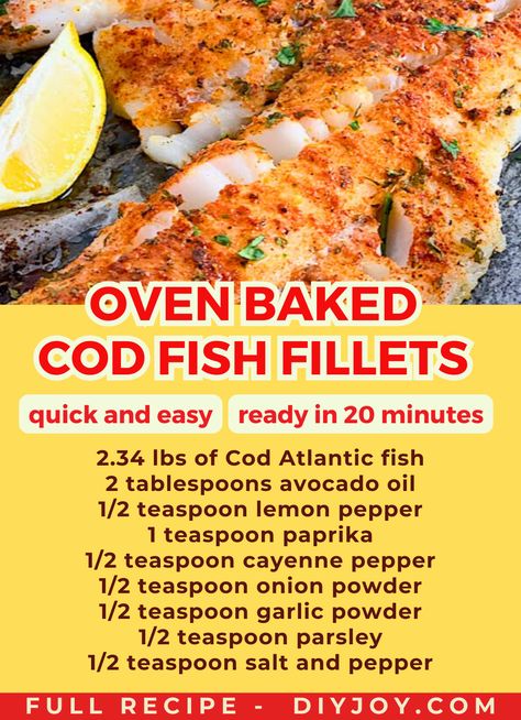 cod fish fillet seasoned with herbs and spices Baked Cod Recipes Oven Easy Healthy, Baked Cod And Potatoes, Sway Fish Recipe, Cod Filet Recipes, Cod Recipes Oven, Cod Fish Recipes Baked, Baked Cod Fillets, Cod Fillet Recipes, Oven Baked Cod