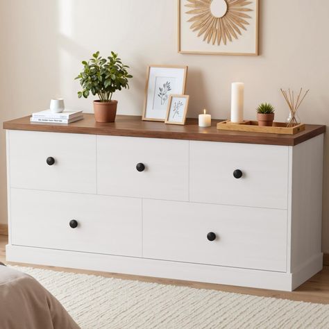 PRICES MAY VARY. Durable Materials : Crafted from high-quality wood, this dresser is designed for lasting durability. This dresser with sturdy frame could support up to 180lbs on the top and 40lbs for each drawer.The premium construction ensures that it withstands daily use while maintaining its beauty, making it an ideal long-term investment for your home. Spacious Storage Solution : Our Wood Dresser for Bedroom features five large drawers, providing ample storage space. Unlike the traditional Dresser Tv Stand Bedroom, Dresser For Room, Long Bedroom Dresser, White And Wood Dresser, Kids Bedroom Dresser, Slim Dresser, Tv Stand For Living Room, Closet Hallway, Dresser Tv Stand