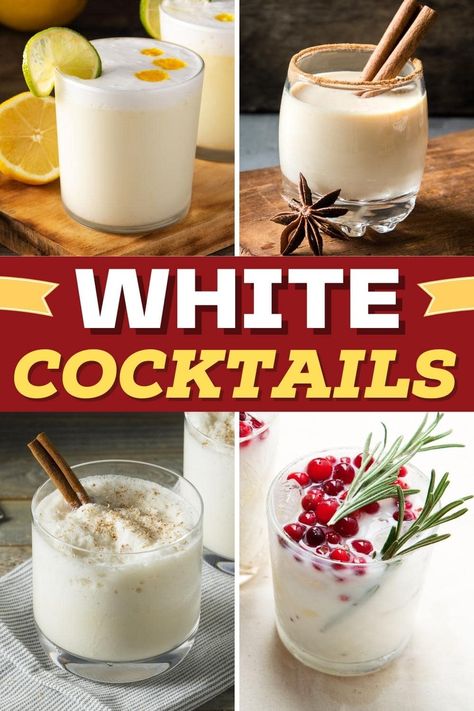 In a world full of colorful drinks, these white cocktails will fit any occasion. And from coconut and white chocolate to banana, they're beyond delish! White Christmas Alcoholic Drink, White Tequila Drinks, White Drinks Alcohol, Black And White Drinks Cocktails, White Mixed Drinks, White Holiday Drinks, White Tequila Cocktails, Red And White Cocktails, White Winter Cocktails