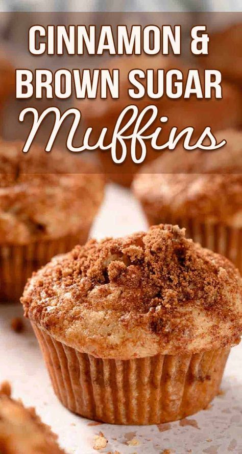 These cinnamon muffins have tons of cinnamon flavor: in the batter, in the brown sugar cinnamon topping, and even in a ribbon of brown sugar cinnamon running through the center! Maple Muffins Healthy, Best Ever Muffin Recipes, Cinnamon Nutmeg Muffins, Cinnamon Sugar Protein Muffins, Easy Dessert Muffins, Gf Cinnamon Muffins, Muffins Recipes Cinnamon, Fall Cinnamon Desserts, Brown Sugar Cinnamon Loaf