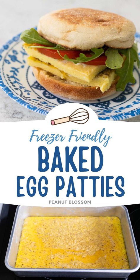 Freezer friendly baked egg patties are the perfect easy breakfast sandwich for a busy morning. Bake the eggs in a 9x13-inch pan and slice them into square patties and freeze them individually. Add them to an English muffin, piece of toast, or tuck them in a wrap for a delicious breakfast on the go. Easy Breakfast Sandwiches, Egg Patties, Quick Breakfast Sandwich, Oven Baked Eggs, Easy Breakfast Sandwich, Egg Biscuits, Egg Sandwich Breakfast, Diy Breakfast, Baked Egg