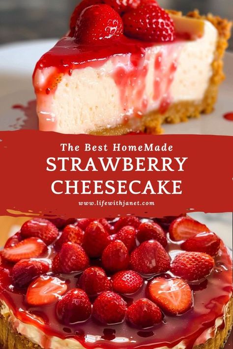 Indulge in the creamy richness of this luscious Strawberry Cheesecake! With a buttery graham cracker crust and a velvety smooth filling topped with fresh strawberries, it's a dessert dream come true. #Cheesecake #StrawberryDesserts #DessertRecipes #SweetTreats #Homemade #DessertLovers Creamy Strawberry Cheesecake, Fresh Strawberry Cheesecake Recipe, Strawberry Cheesecake Topping Recipes, Strawberry Cheesecake Topping, Strawberry Filling Recipe, Strawberry Cheesecake Recipe Easy, Popular Cheesecake Recipes, Homemade Strawberry Cheesecake, Strawberries Cheesecake