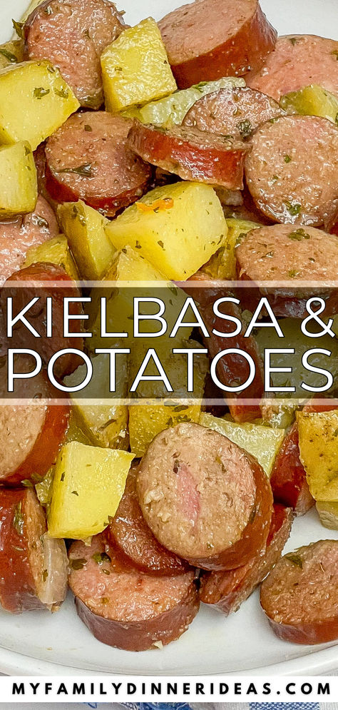 Easy Kielbasa and Potatoes One Pan Kielbasa And Potatoes, Kolbassi And Potatoes, Keilbasa Recipes Potatoes, Potato And Kielbasa Recipes, Potato And Kielbasa Bake, Kilbasa Sausage Potato Bake, Keilbasa Recipes Dinner Easy, Quick Kielbasa Recipes, Kiebalsa And Potatoes