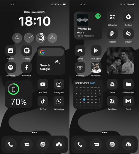 Android dark home screen setup inspired by iOS homescreen Dark Themes For Mobile Phone, Home Screen Setup Iphone, Homescreen Setup Iphone, Home Screen Ideas For Android, Android Setup Homescreen, Samsung Custom Home Screen, Ios Setup Ideas, Home Screen Setup Android, Homescreen Setup Ideas