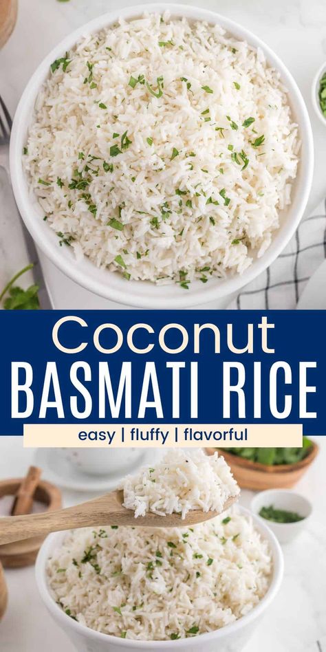 This easy Coconut Rice recipe is a fantastic way to jazz up white rice! Coconut milk adds creamy sweetness to fluffy basmati rice, turning it into an ultra flavorful accompaniment for curries, seafood, and more. Coconut Milk And Rice Recipes, Coconut Rice Basmati, Rice Made With Coconut Milk, Crockpot Coconut Rice, Flavourful Rice Recipes, Coconut Basmati Rice Recipe, How To Make Coconut Rice, Asian White Rice, Cocunut Rice