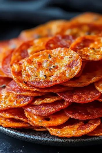 Pepperoni Cheese Crisps Recipe - MmmRecipes : Easy and Delicious Recipes Pepperoni Finger Foods, Homemade Parmesan Crisps, Appetizers Using Pepperoni, Provolone Cheese Crisps, Oven Cheese Crisps, 2 Ingredient Pizza Chips, Diy Cheese Crisps, Homemade Appetizers Easy, Crispy Salami Bites